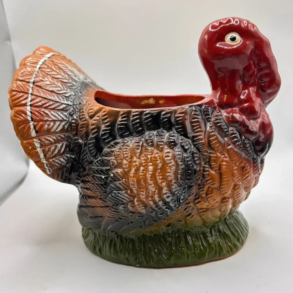 Vintage Ceramic Turkey Planter Bowl Table Decor MCM Handpainted 5.5” Fall Autumn